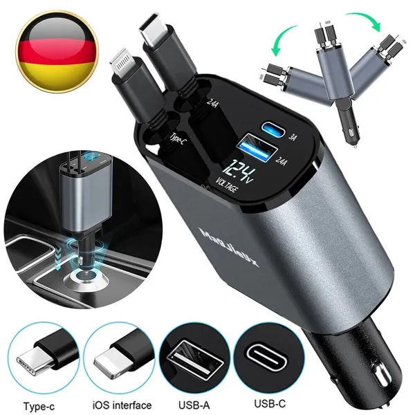 Main product image of Car USB Charger, Cigarette Lighter Plug, 120W, 4-Port, Retractable Cable