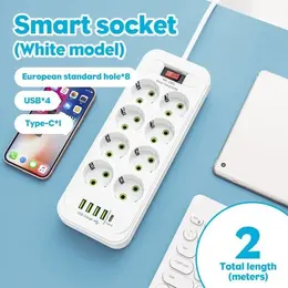 Product image of EU 8-Way Power Strip, 4 USB Ports, Type-C, Surge Protector, Switch, 2m Cord
