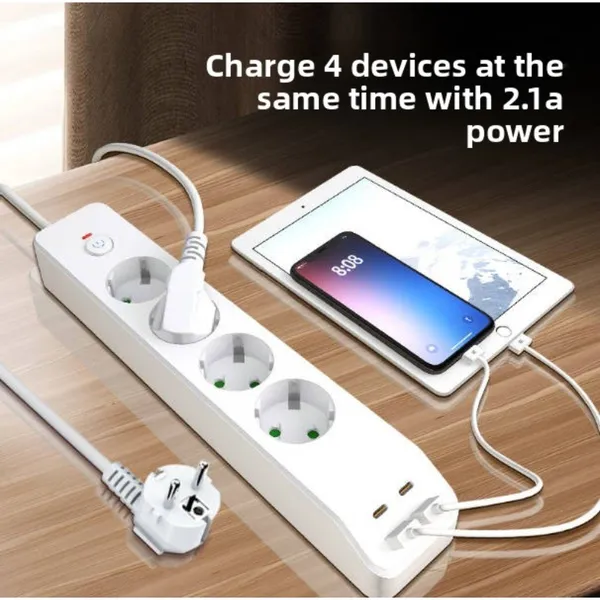 Main product image of 4-Way Power Strip, Surge Protected, 2 USB-A, 2 USB-C Ports