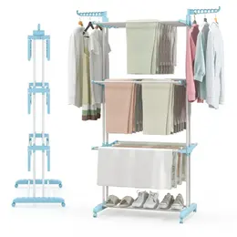Product image of Blue 4-Tier Foldable Clothes Drying Rack with Wheels, Indoor/Outdoor