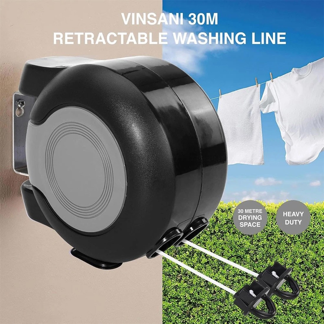 Main product image of 30m Retractable Double Washing Line Reel, Wall Mounted Outdoor