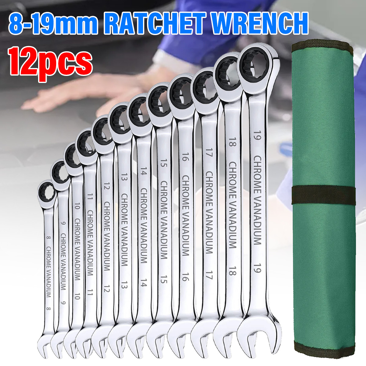 Main product image of 12-Piece 72-Tooth Combination Ratchet Wrench Set, 8-19mm