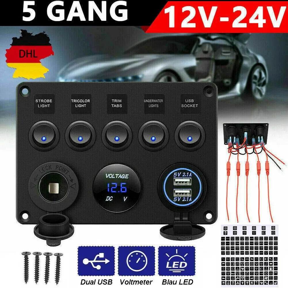 Main product image of 12V/24V Car Boat 5-Gang LED Switch Panel with Voltmeter and Dual USB