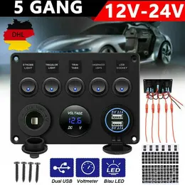 Product image of 12V/24V Car Boat 5-Gang LED Switch Panel with Voltmeter and Dual USB