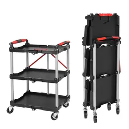 Product image of Foldable 3-Shelf Plastic Utility Cart with Swivel Wheels and Brakes