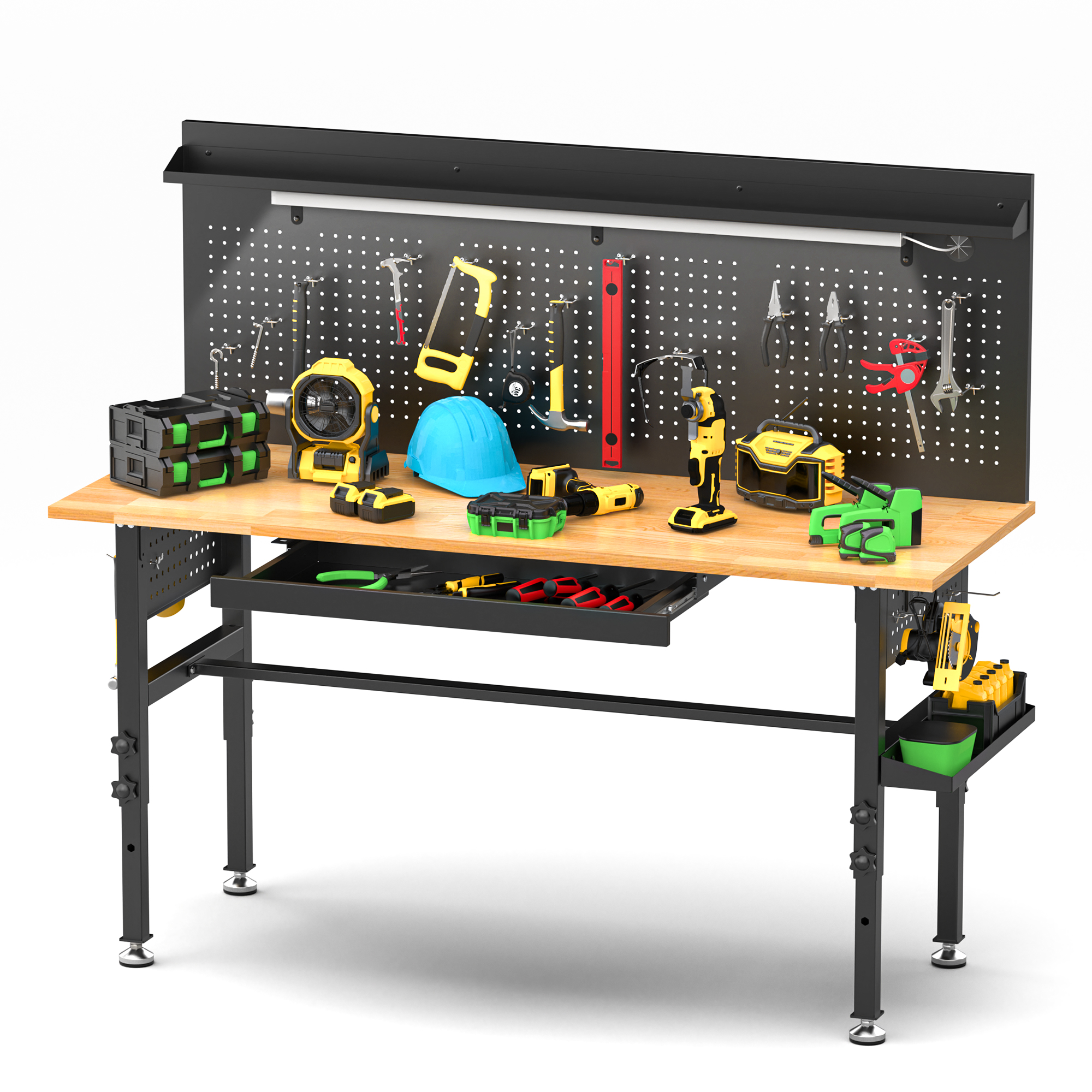 Main product image of 60in Adjustable Workbench, Drawers, Wood Top, 2000 Lbs, Power Outlet, LED, Casters/Feet