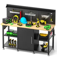 Product image of 60-inch Workbench with Storage Cabinet, Wooden Top, 2000 lb Capacity, Pegboard, Power Outlet