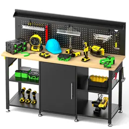 Product image of 60-inch Workbench with Storage Cabinet, Wooden Top, 2000 lb Capacity, Pegboard, Power Outlet