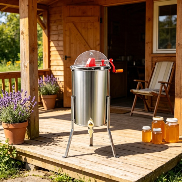 Main product image of 3-Frame Manual Stainless Steel Honey Extractor with Adjustable Stand and Lid