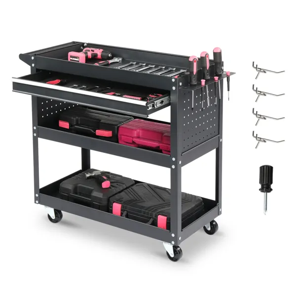 Main product image of 3-Tier Rolling Tool Cart with Pegboard, Drawer, 4 Hooks, 330 lb Load, Black