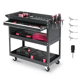Product image of 3-Tier Rolling Tool Cart with Pegboard, Drawer, 4 Hooks, 330 lb Load, Black