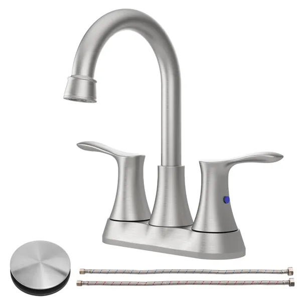 Main product image of Bathroom Faucet, Brushed Nickel, 4-inch 2-Handle Centerset, with Pop-up Drain and Supply Lines
