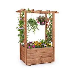 Product image of Pine Wood Raised Garden Bed with Trellis, Hanging Roof, and Drainage - Orange
