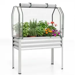 Product image of Silver Metal Raised Garden Bed with Mini Greenhouse Cover