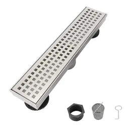 Product image of 12 Inch Linear Shower Drain, 304 SS, Brushed Nickel, Square Grate, Strainer, Leveling Feet