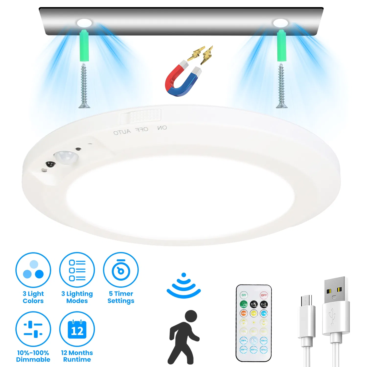 Main product image of Magnetic USB Rechargeable Ceiling Light, PIR Sensor, 3-Color, Dimmable, Remote/Button, Timer