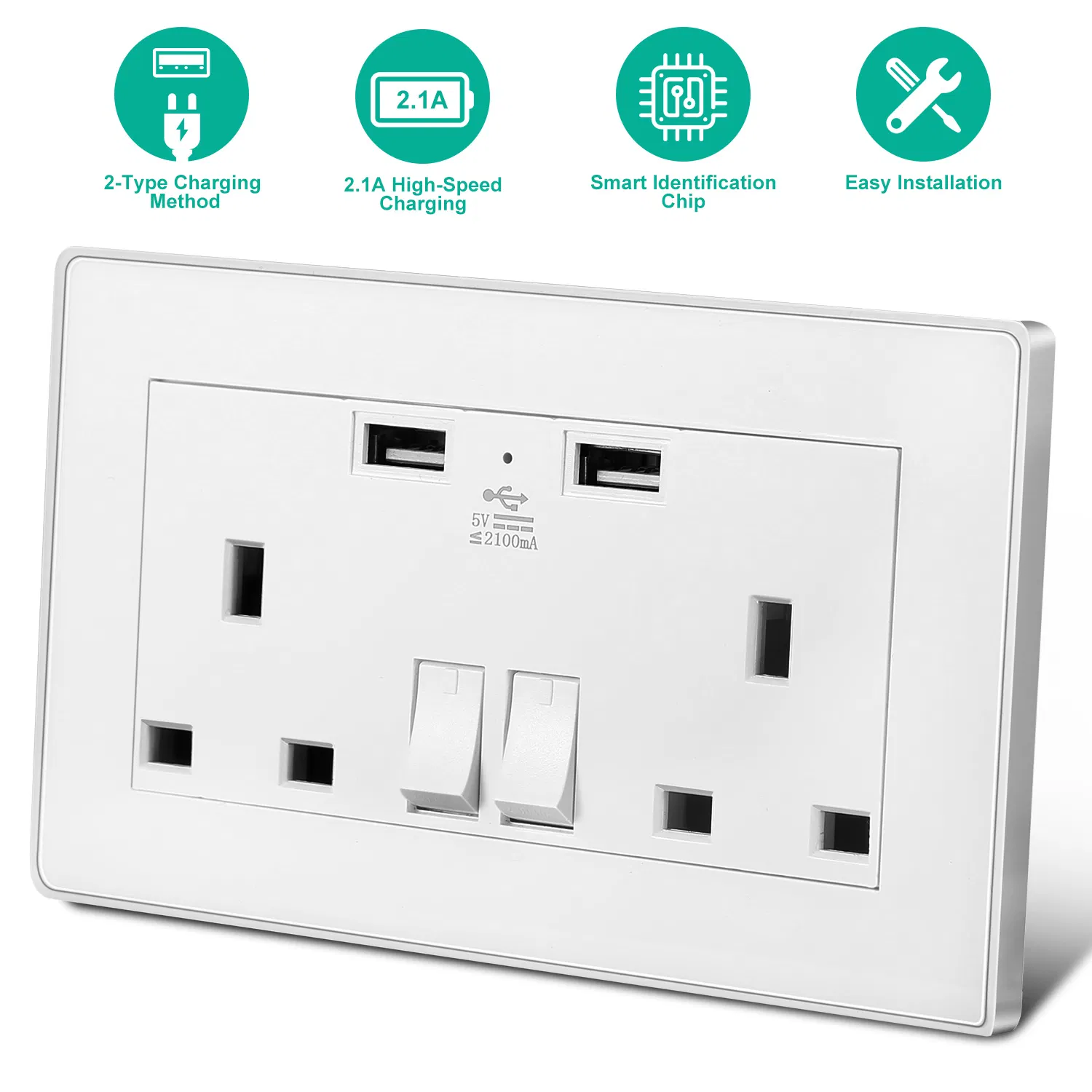 Main product image of UK Dual Wall Socket, 2.1A USB Charger, Plug Switch, Indicator