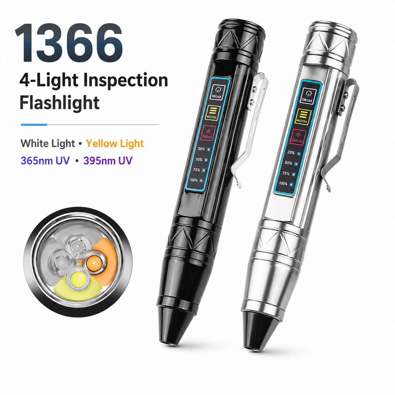 Main product image of LED Flashlight, Rechargeable UV Type C Waterproof, 1366 Black, 300LM