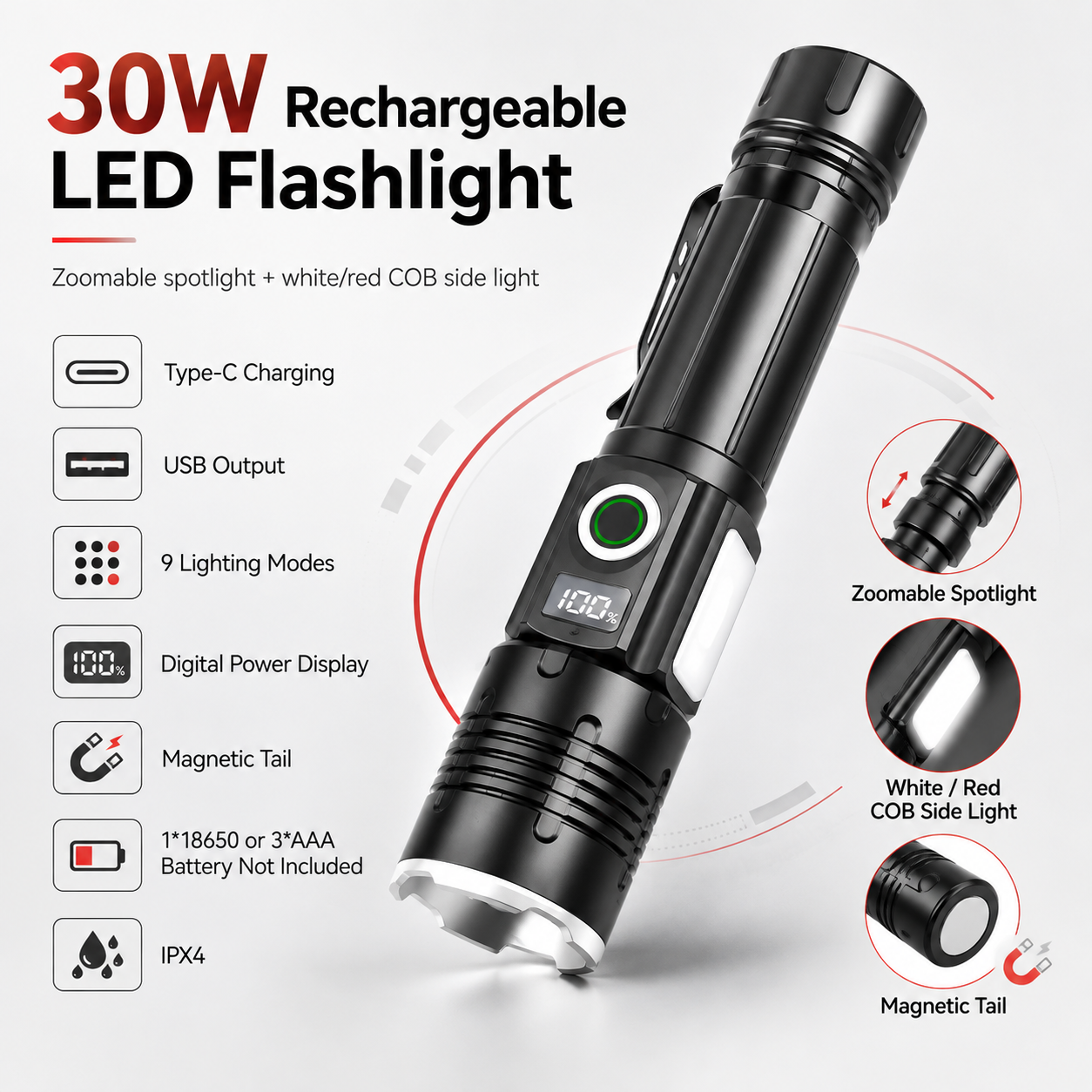 Main product image of Rechargeable Magnetic Zoom LED Flashlight 1660, Type C, IP4