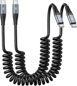 Product image of USB-C to USB-C Coiled Cable, 3 ft, Black, 2-Pack, Automotive