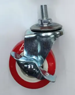 Product image of 2-inch Caster Wheel with M8x15 Threaded Stem, Side Brake, Red/White PP Wheel, Iron Bracket
