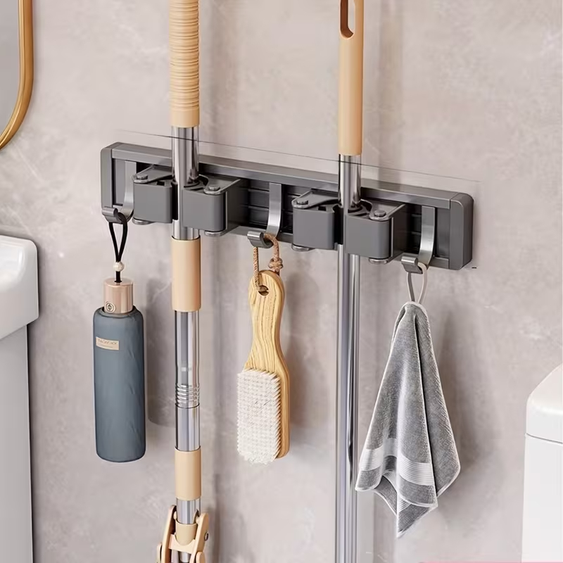 Main product image of Wall-Mounted Mop and Broom Holder with 3 Hooks and 2 Clips