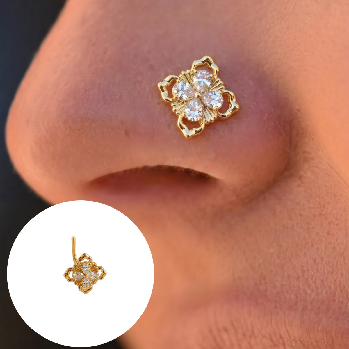 Main product image of Gold Plated Zircon 4-Petal Flower L-Shape Nose Stud