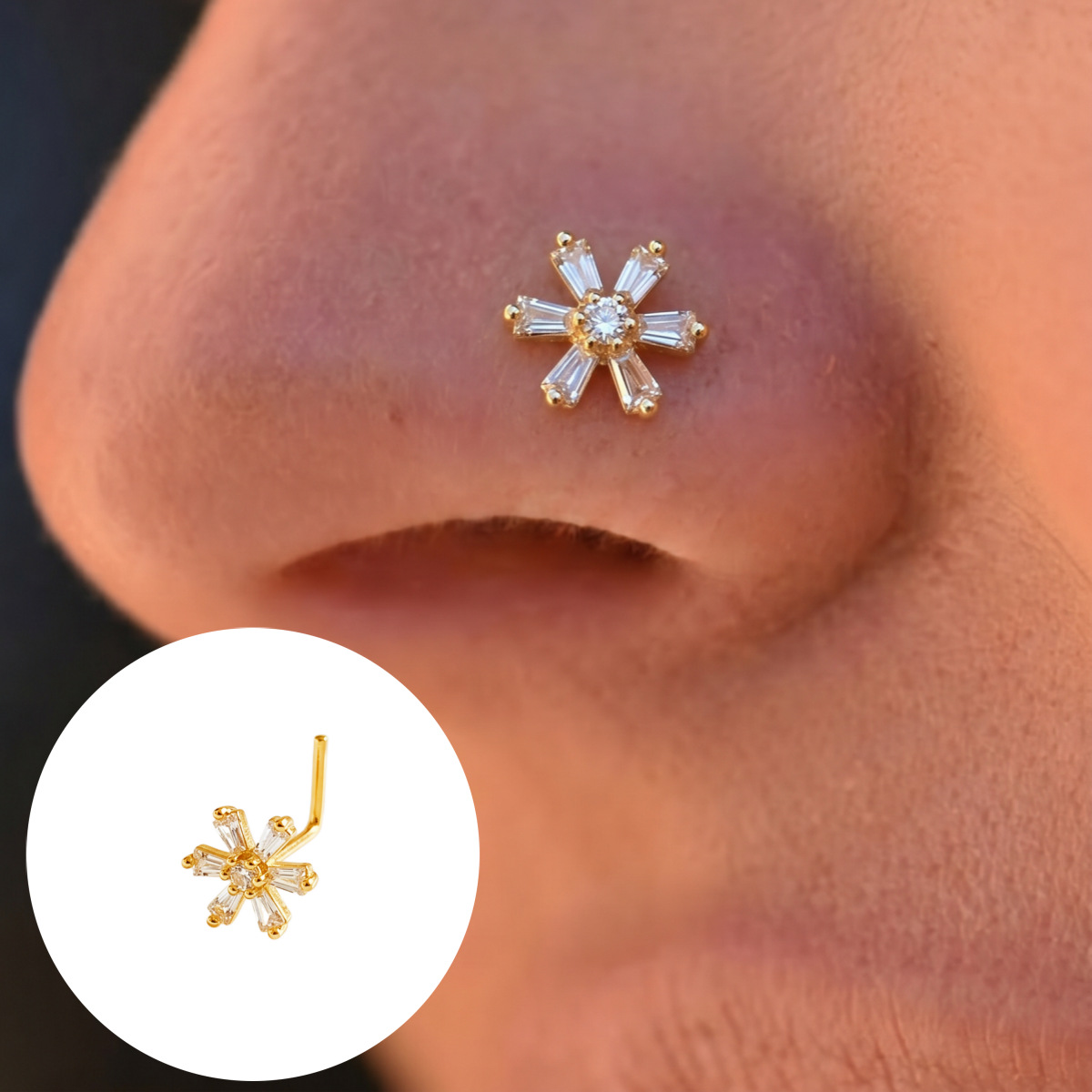 Main product image of L-Shaped Nose Stud, Zircon Six-Petal Flower Motif