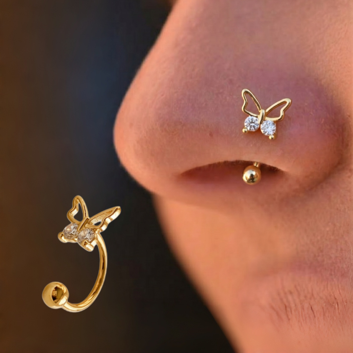 Main product image of Gold C-Shaped Spiral Butterfly Nose Stud, Zircon Inlaid