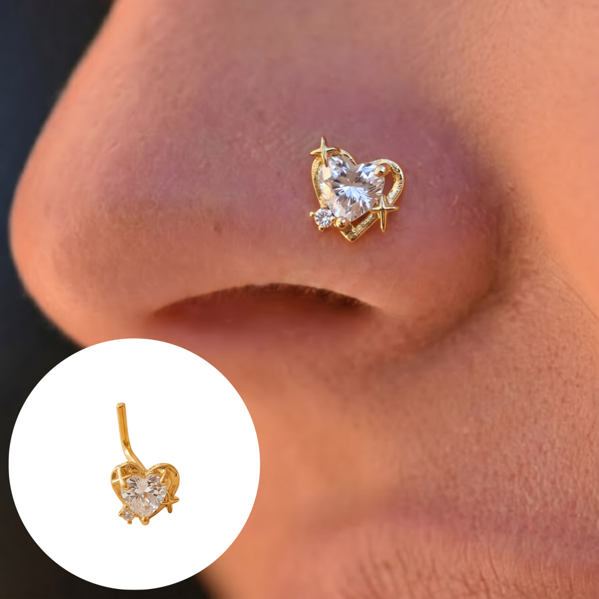 Main product image of 1 Pc Heart Zircon L-Shaped Nose Stud, Gold Plated Copper