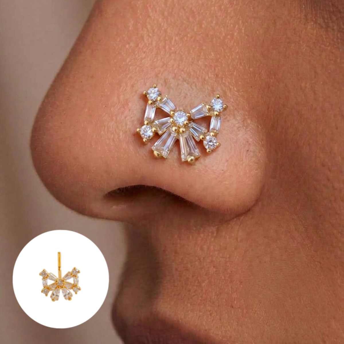 Main product image of Gold Plated Copper Bow Nose Ring, Zircon Inlaid, L-Shaped Stud
