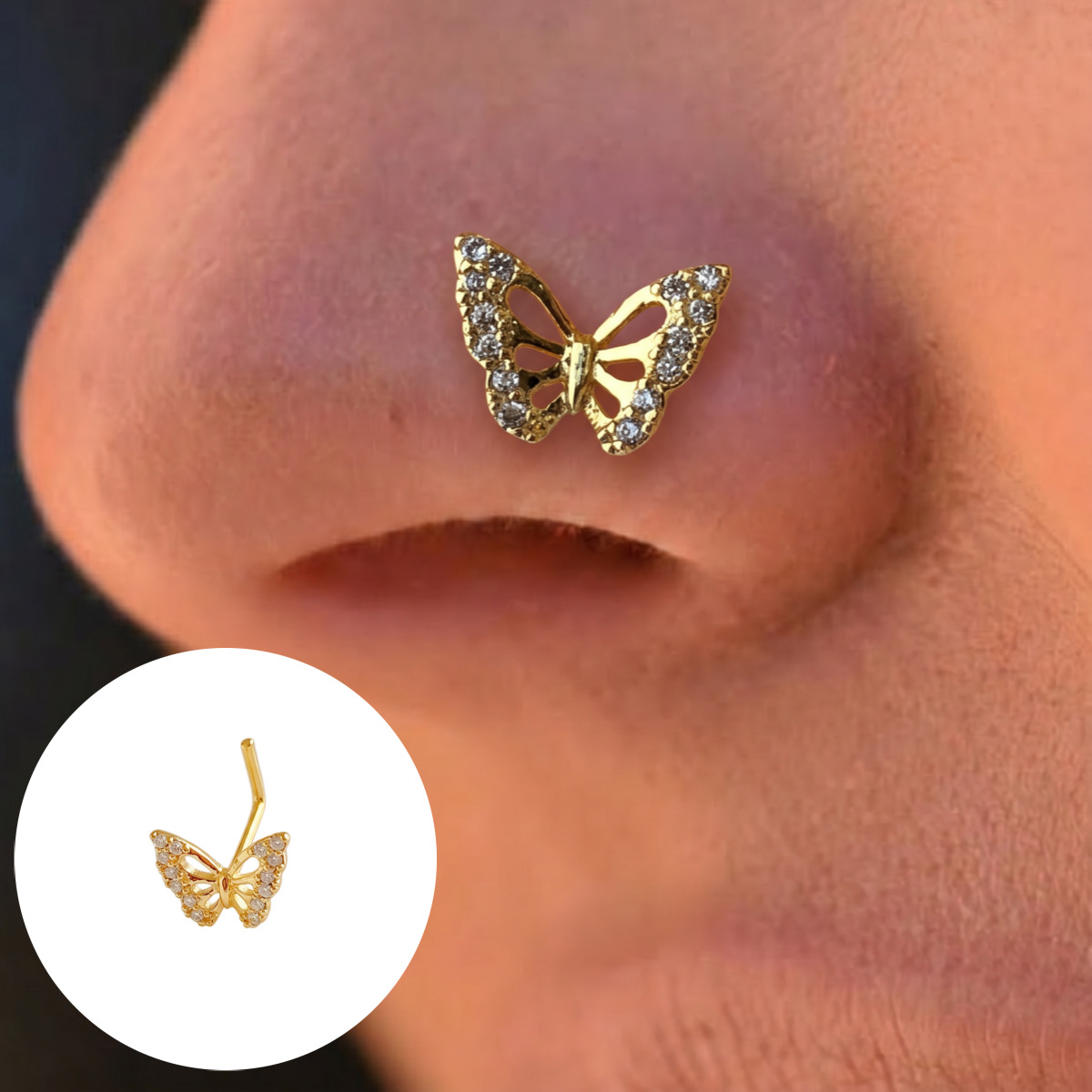 Main product image of Gold L-Shaped Nose Stud, Butterfly Diamond Design