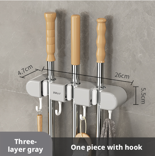 Main product image of Wall-Mounted Mop and Broom Holder, 3 Clips, 4 Hooks, Gray, 1 Pack