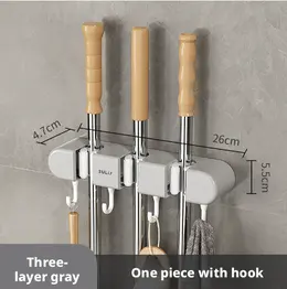 Product image of Wall-Mounted Mop and Broom Holder, 3 Clips, 4 Hooks, Gray, 1 Pack