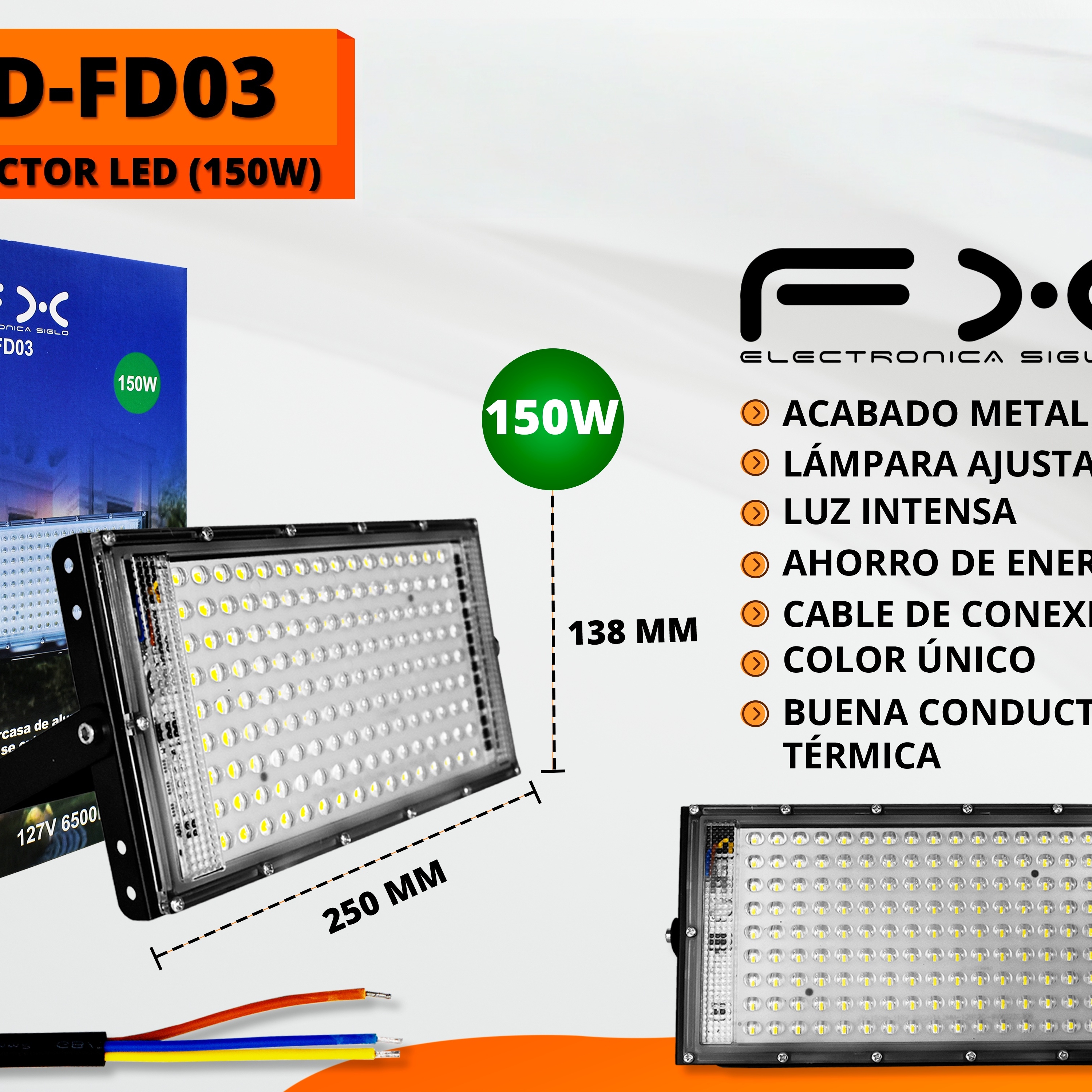 Main product image of LED Courtyard Floodlight, 150W 127V 6500K, with Connecting Cable