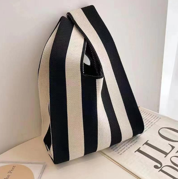 Main product image of Hand-held Knitted Vest Bag, Striped Beige Black