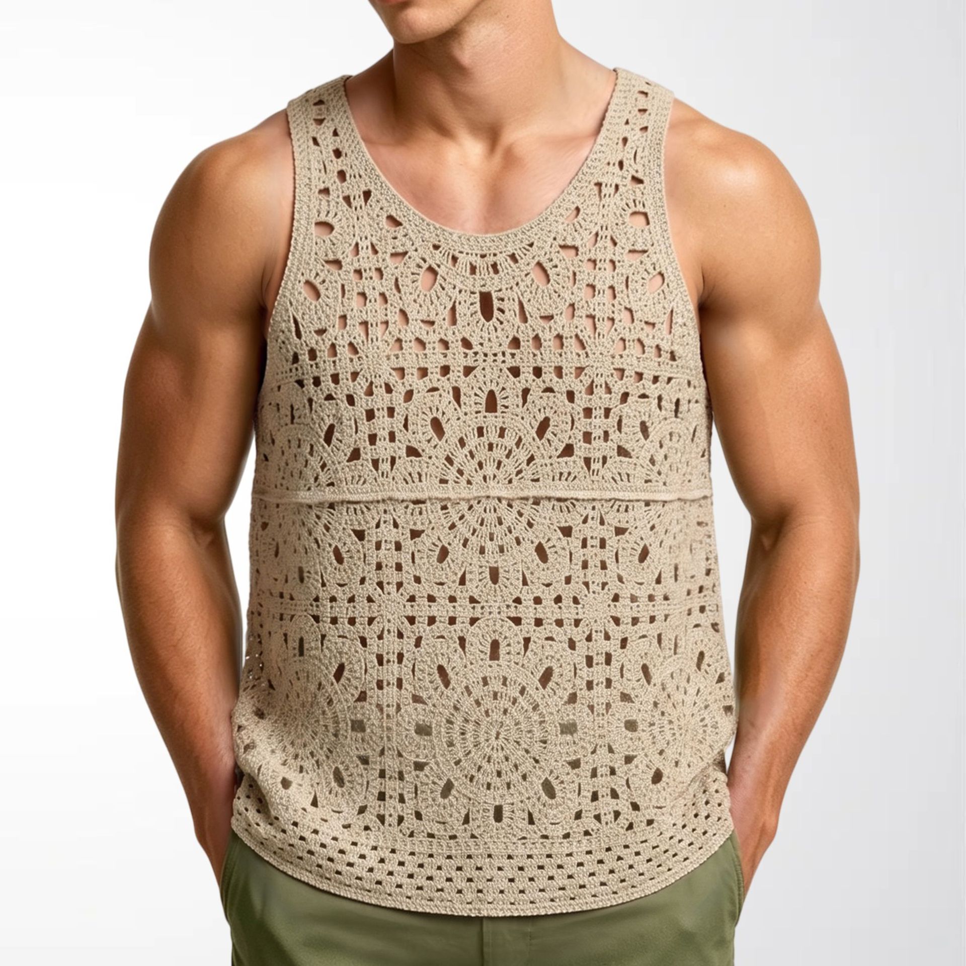 Main product image of Men's Sleeveless Knit Vest, Crochet Hollow-out Pattern