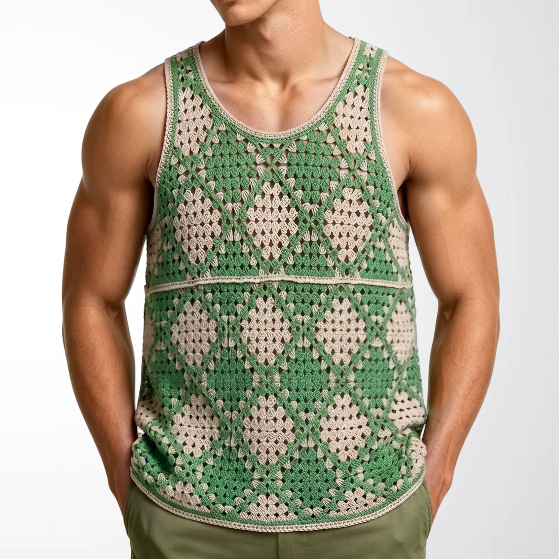Main product image of Men's Sleeveless Knit Vest, Green/Apricot Diamond Pattern
