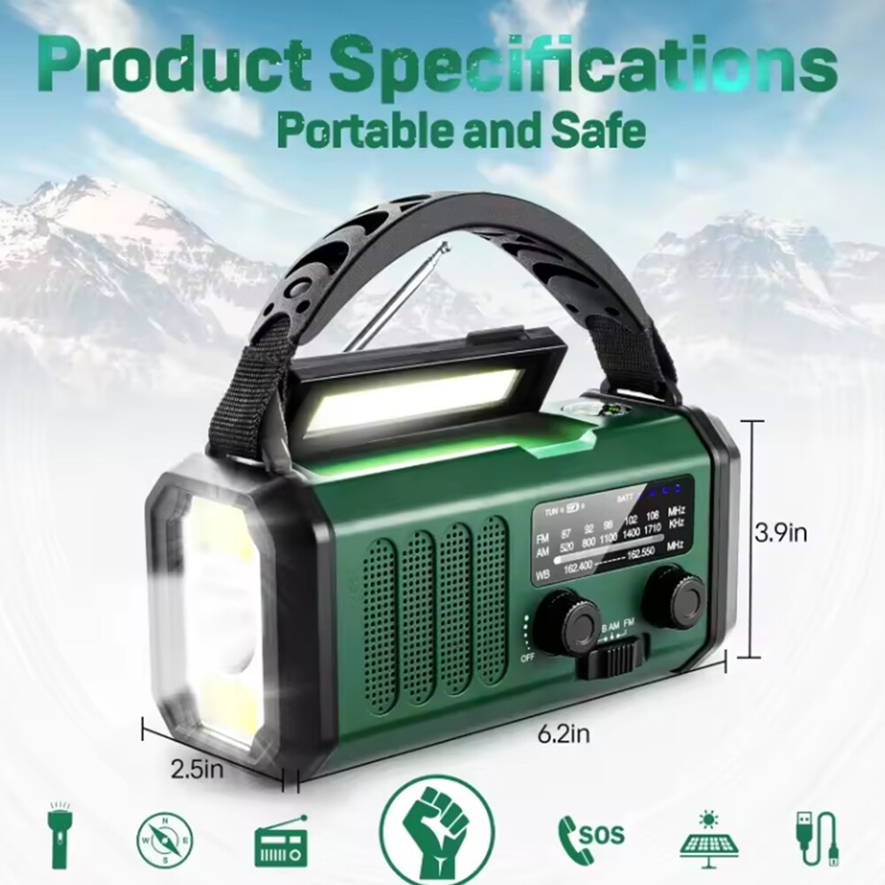 Main product image of 10000mAh Wind Up Solar Hand Crank Emergency Radio, FM/AM, USB Charger, LED Torch