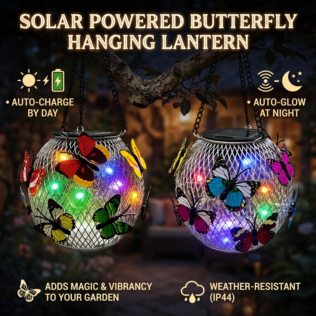 Main product image of 2pcs Solar LED Mesh Orb Lights with Butterfly Design