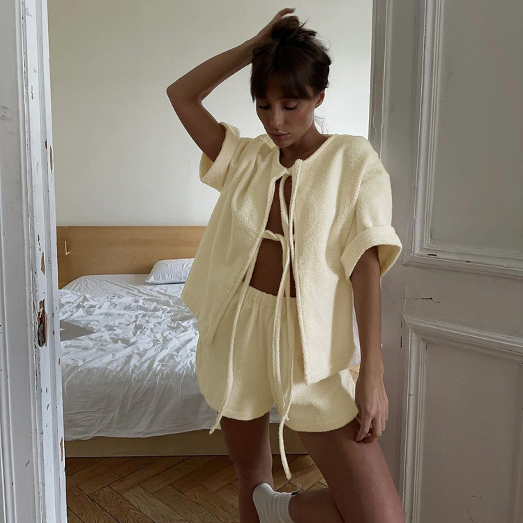 Main product image of Terry Cloth Tie Front Short Sleeve Jacket and Elastic Waist Shorts 2-Piece Set