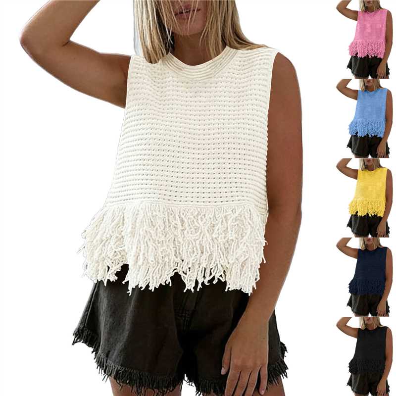 Main product image of Solid Color Round Neck Knitted Vest with Tassel Hem