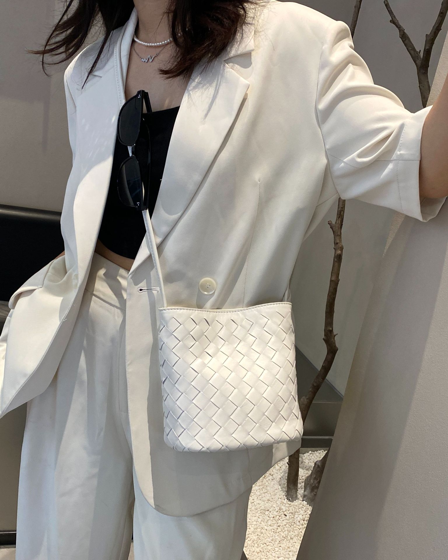 Main product image of Genuine Leather Woven Lambskin Bucket Bag, Shoulder/Crossbody