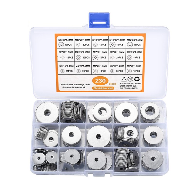 Main product image of M3-M12 Stainless Steel Screw and Flat Washer Assortment, 230 Pieces