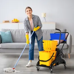 Product image of HOMECOM 6.9 Gallon Mop Bucket Cart with Side Pressure Swivel Arm, Wheels, Mop Handle Bracket