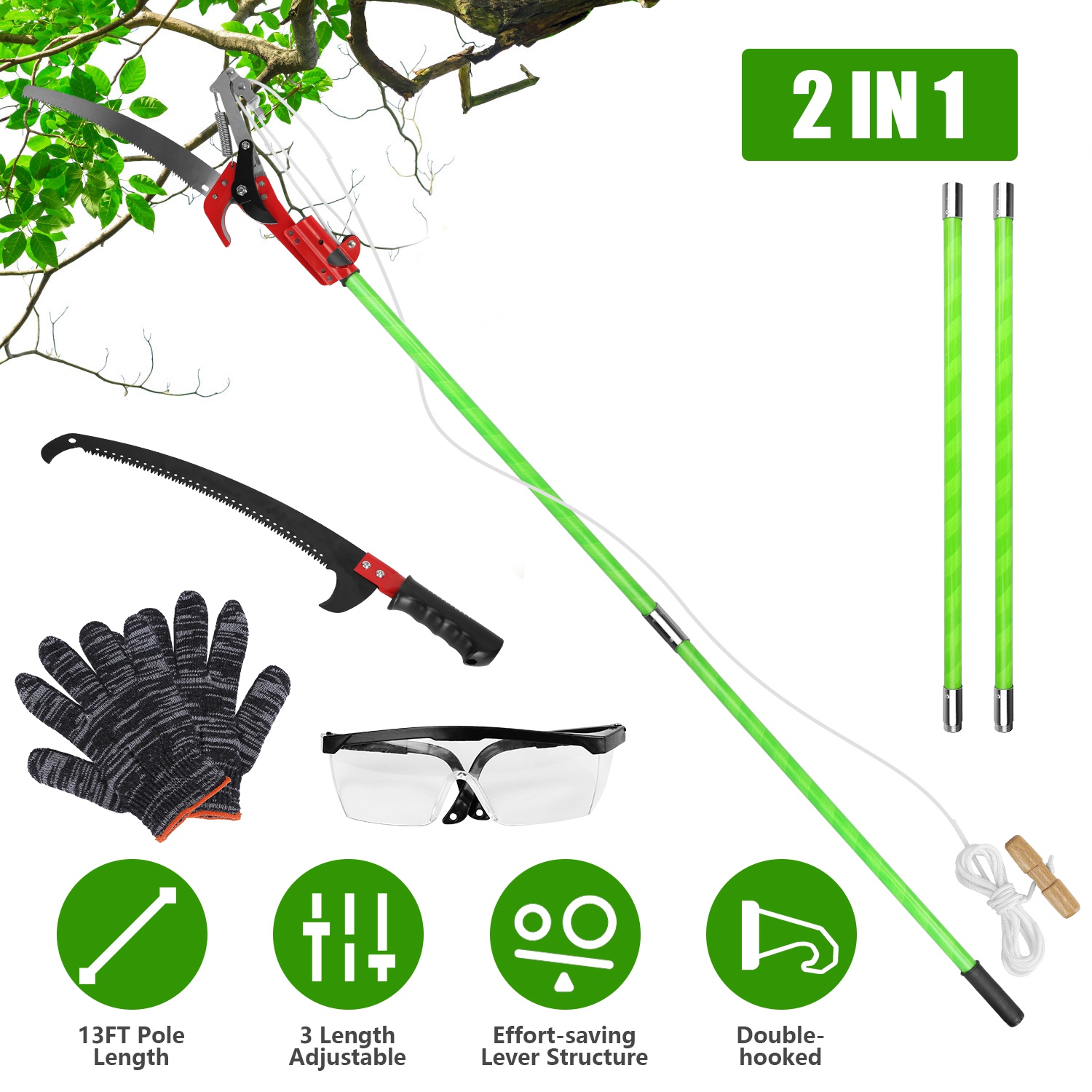 Main product image of 4-8m Extendable Pole Saw and Pruner with 2 Saw Blades, Goggles, Gloves