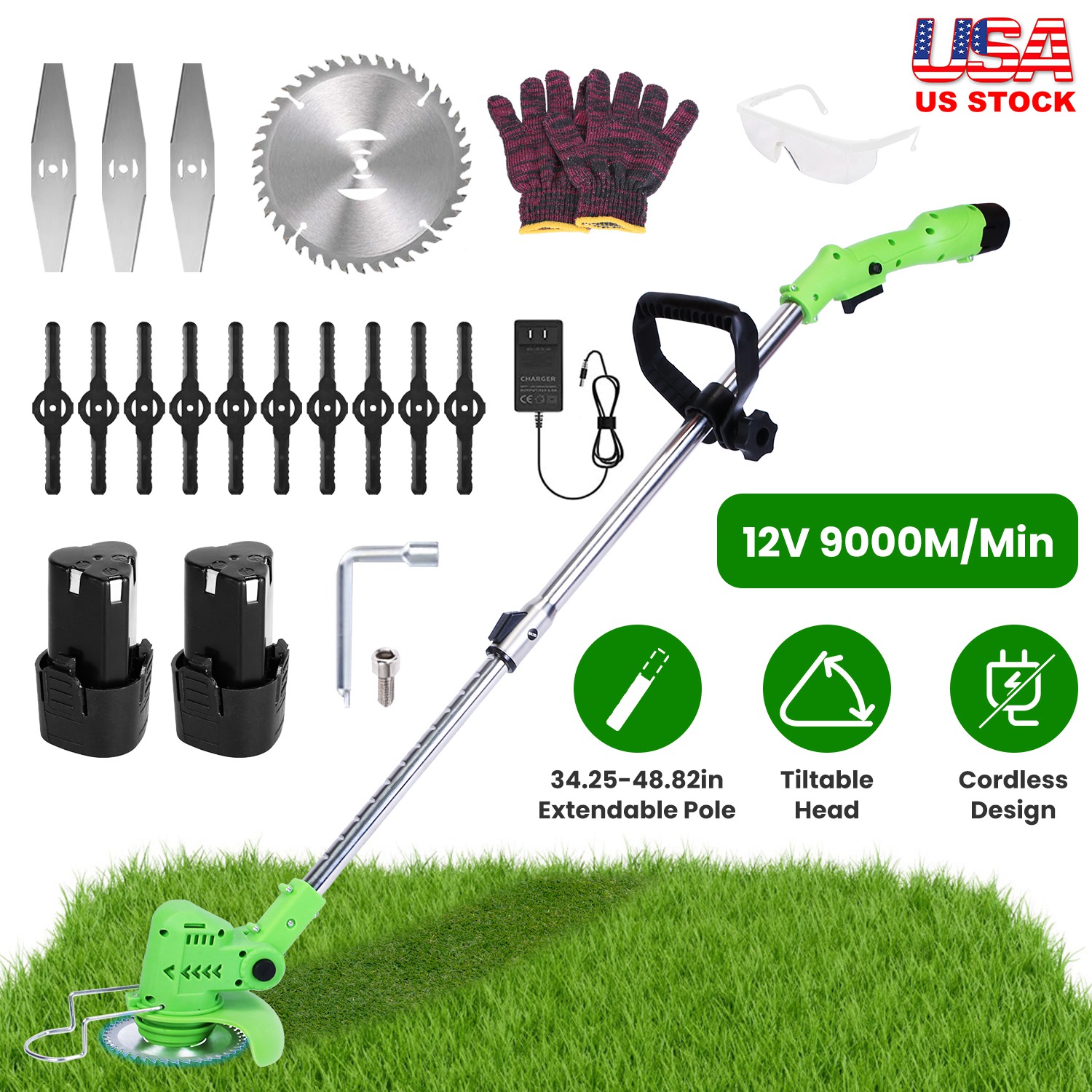 Main product image of 12V 200W Cordless Grass Trimmer, 9000 RPM, with Blades & Batteries