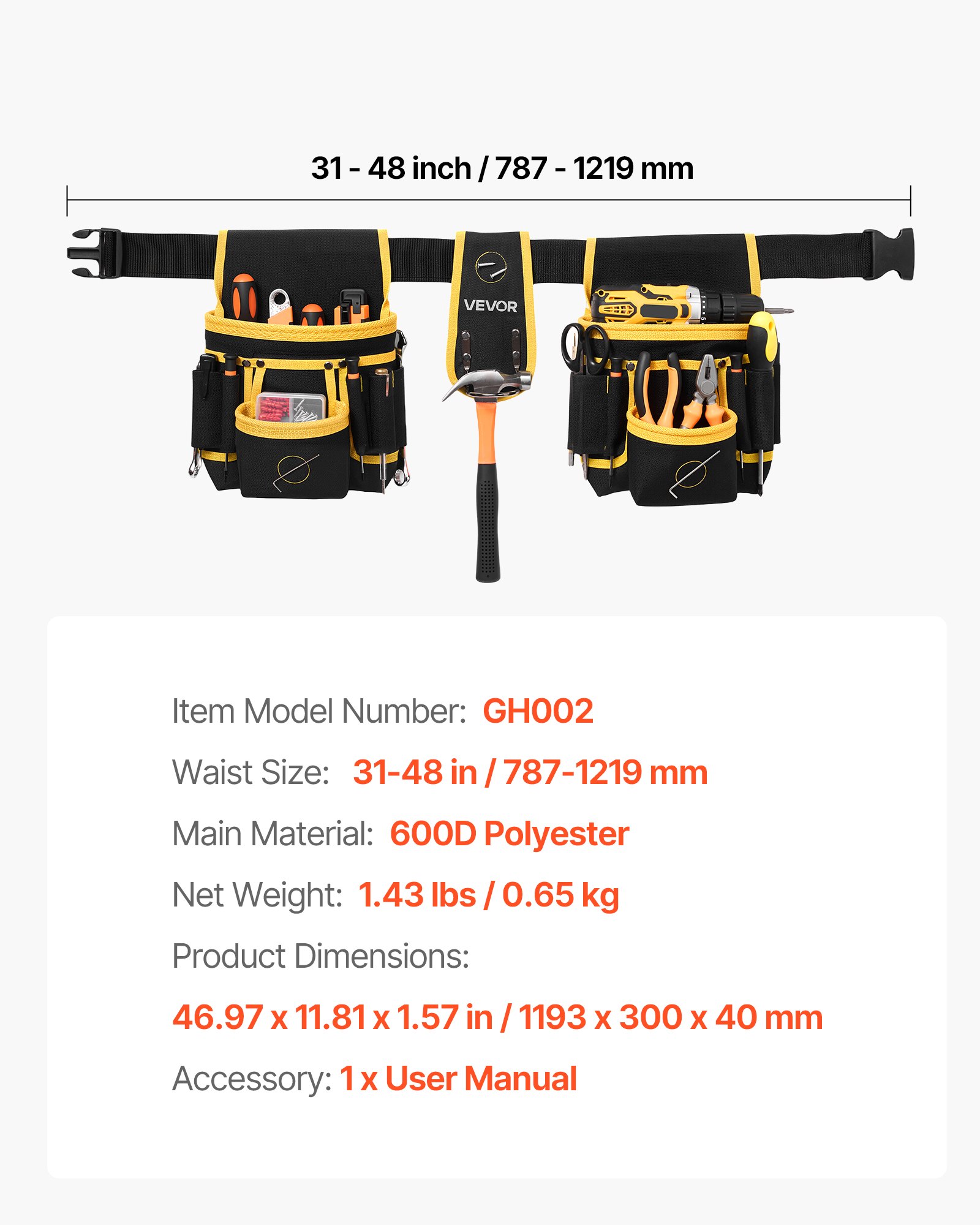 Main product image of Tool Belt with Detachable Magnetic Pouch, 28 Pockets, Waist 31-48in