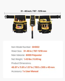 Product image of Tool Belt with Detachable Magnetic Pouch, 28 Pockets, Waist 31-48in