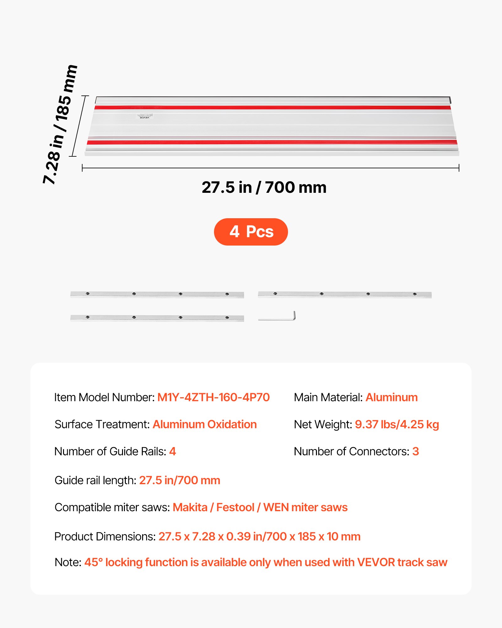 Main product image of Track Saw Guide Rail, 110-Inch Range, 4x 27.5-inch Aluminum Rails, 3 Connectors